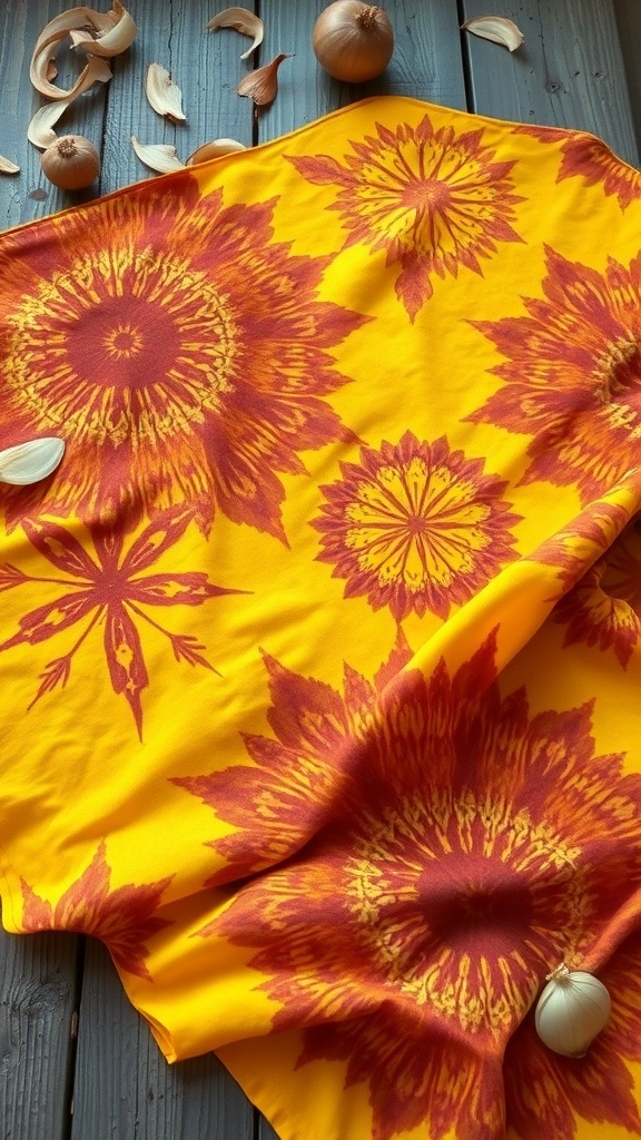 Dyed fabric with intricate patterns from onion skins on a rustic table with whole onions.